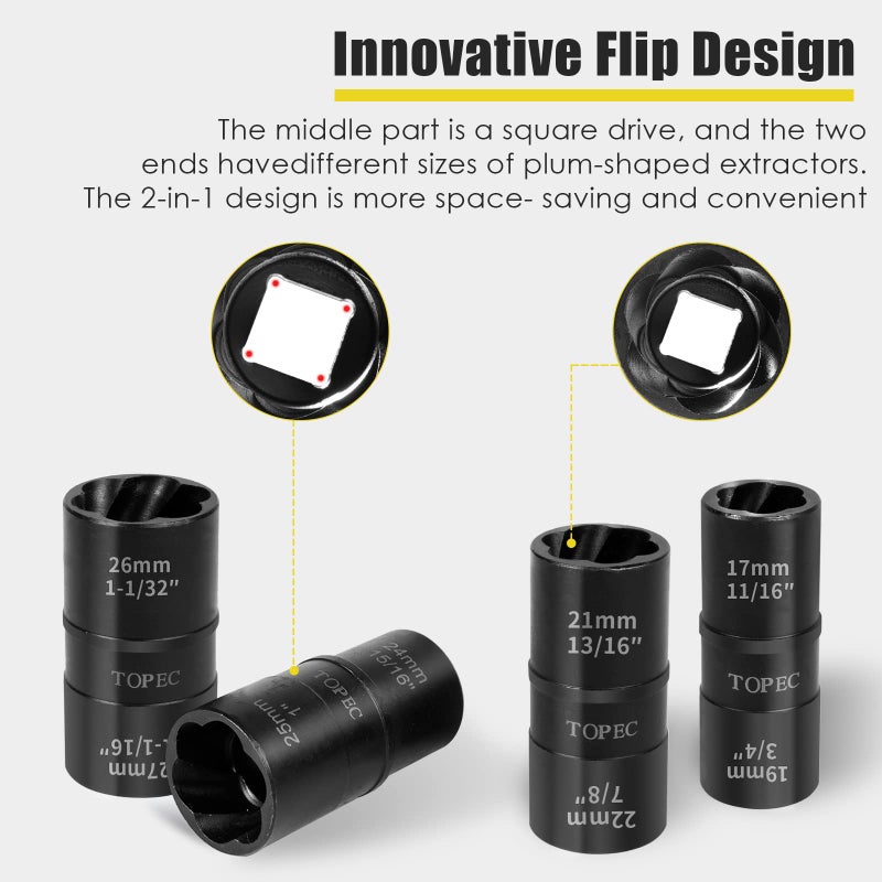 Topec Flip Edition Lug Nut Remover  5 Piece Wheel Lock Removal Kit for Removing Stripped  Damaged  Frozen  Rusted  Rounded-Off Bolts  Nuts & Screws and Other Fasteners  Double Size Extractor Socket - Image 3